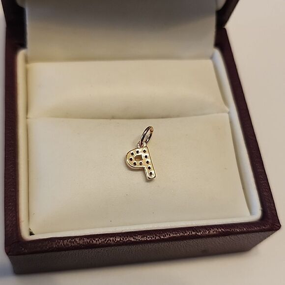 Dainty P Initial Rhinestone Charm Pendant  Gold Tone - Picture 3 of 5